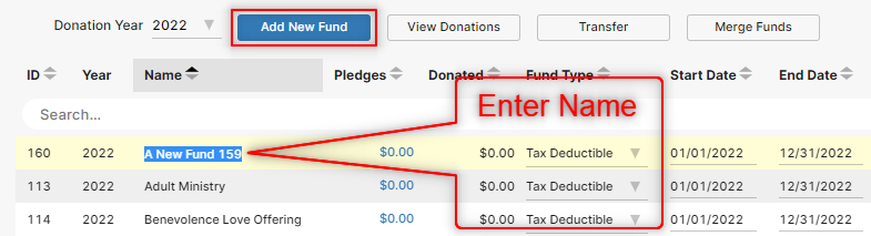 image that shows the button you need to click and then enter in the fund's name for the church's donors.