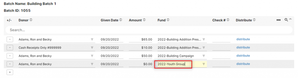 Shows the fund being selected is Youth Group in the drop down list for the batch.