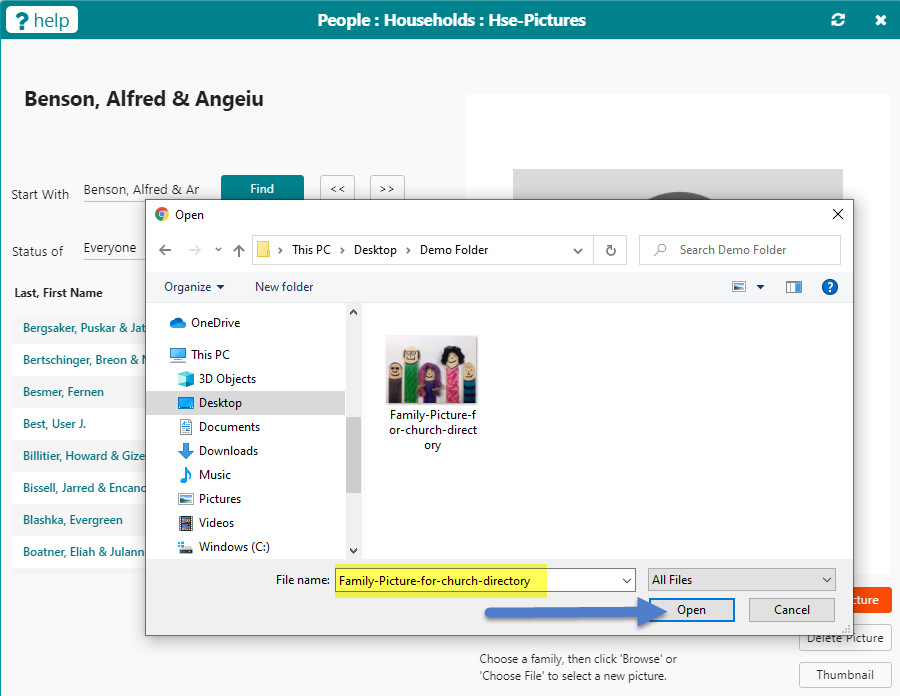 upload picture screen choosing picture for church directory