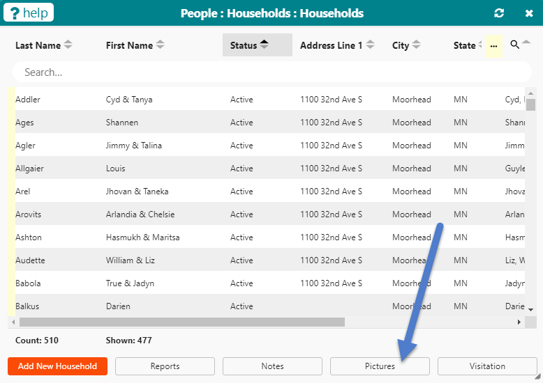 household list with picture button family picture in church management software
