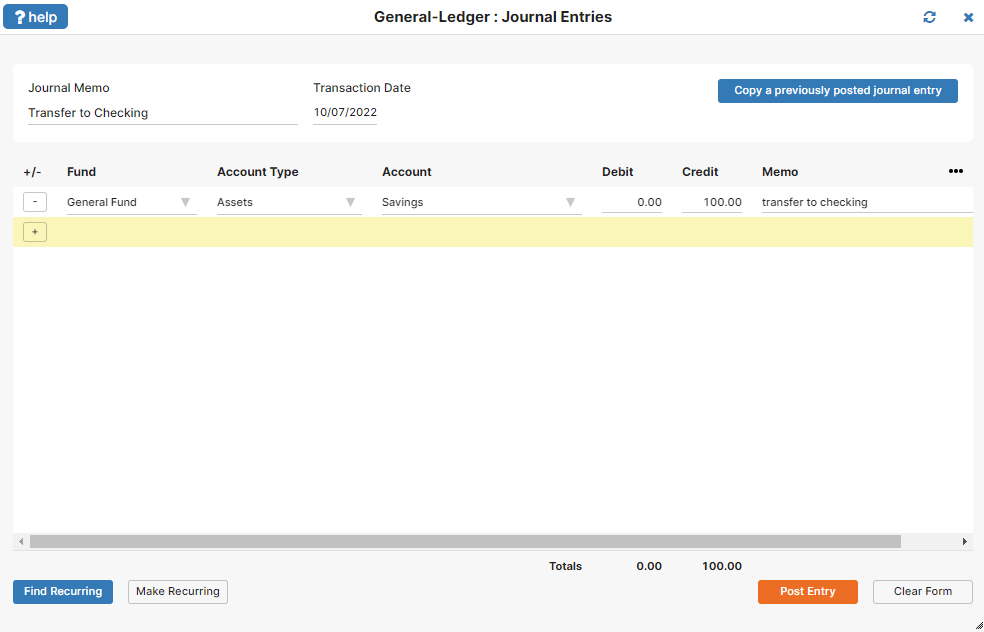 The IconCMO journal entry screen which shows the debits and credits that the user enters to post a journal entry