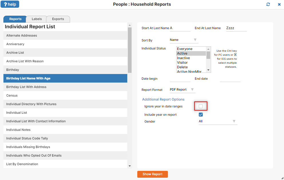 The Member Reports window with the Birthday Name With Age report selected.