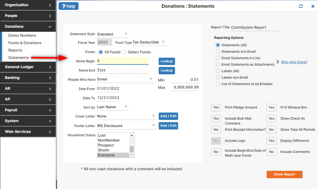 The Contribution Statements window showing the outlay of the screens