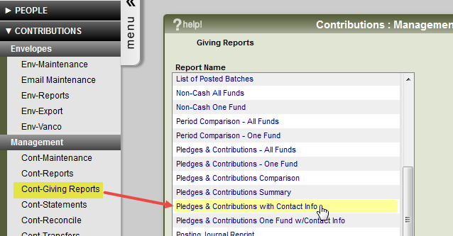 The contribution giving reports menu and report options.