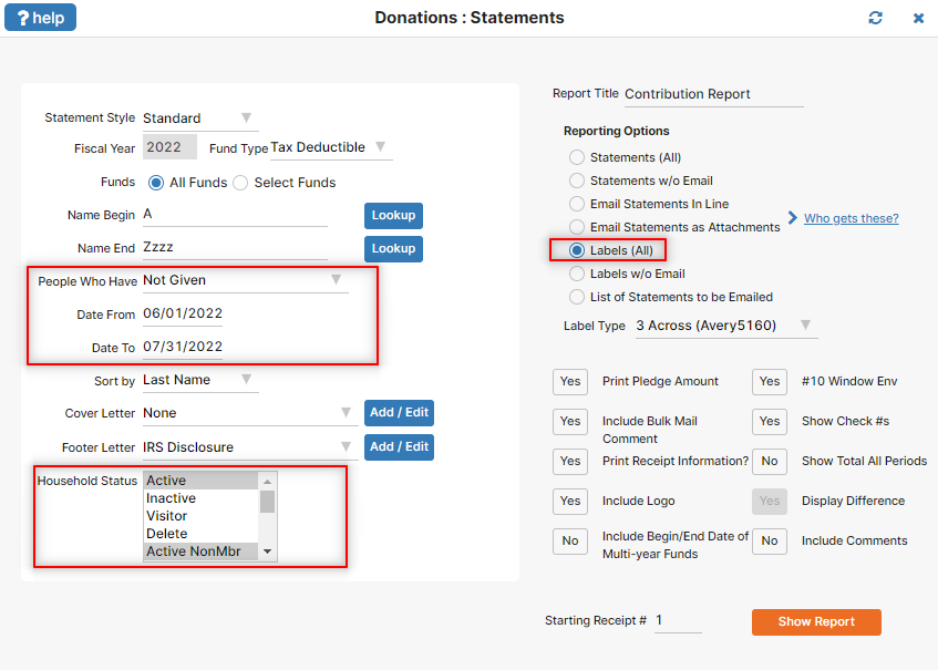 The Contribution Statements setup screen.