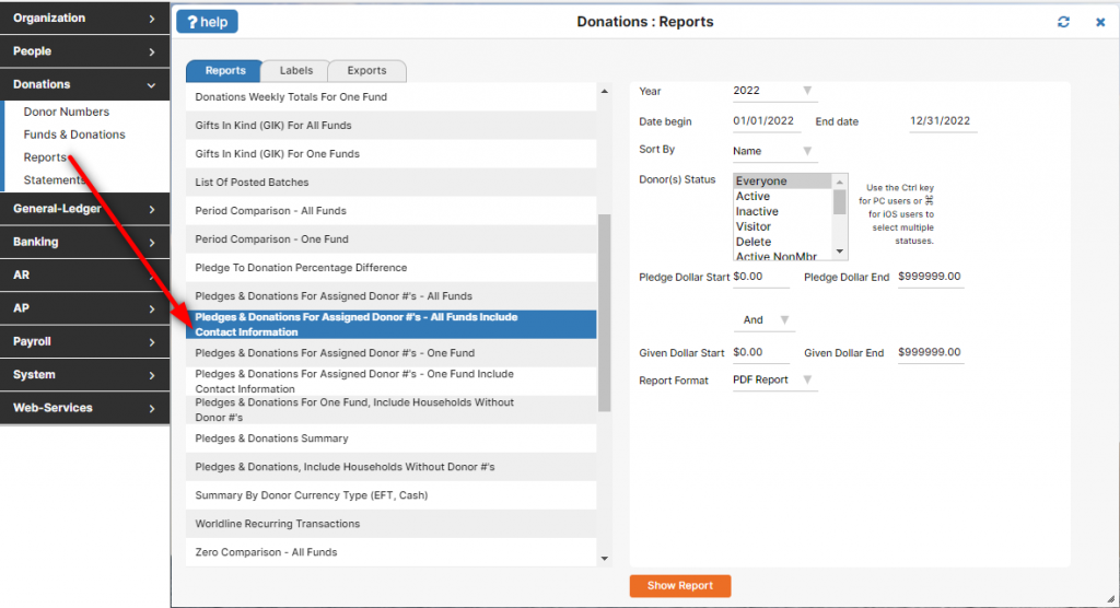 The contribution giving reports menu and report options.