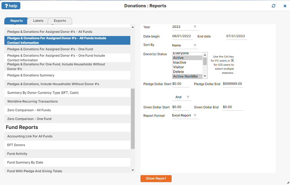 The setup parameters for the Pledges and Contributions with Contact Info report.