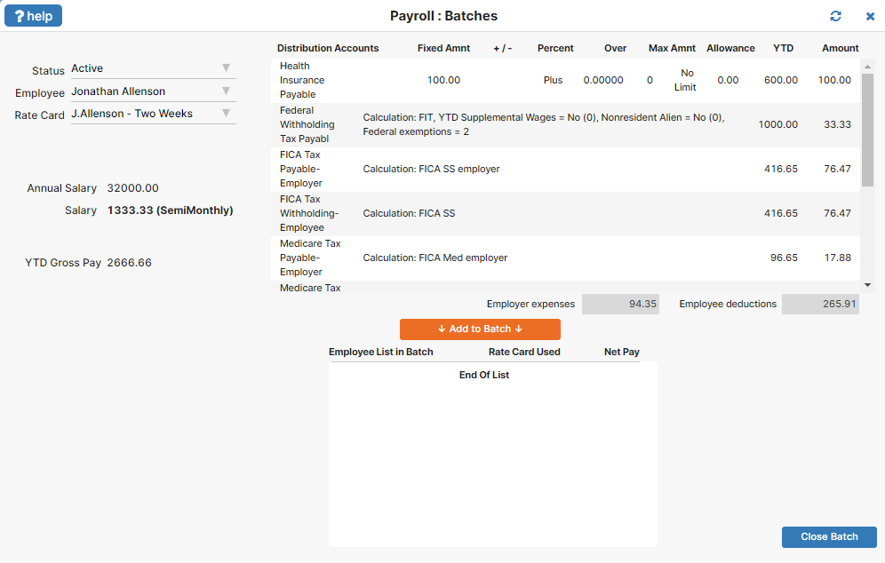 Screenshot of the payroll batch screen for both direct deposit and paper check processing.