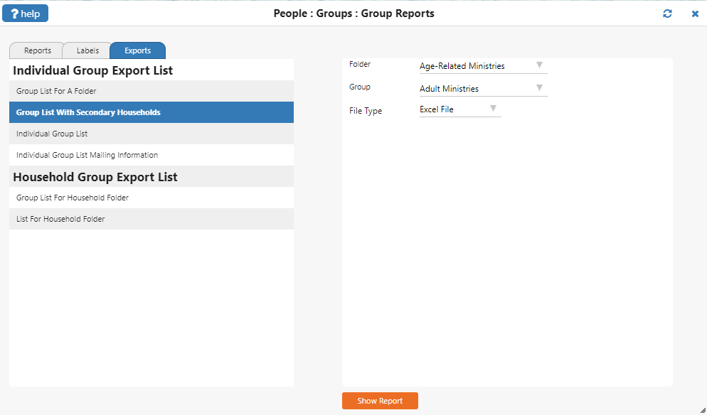 SHows the group report screen for exports in the church software. There are multiple exports to pick from.