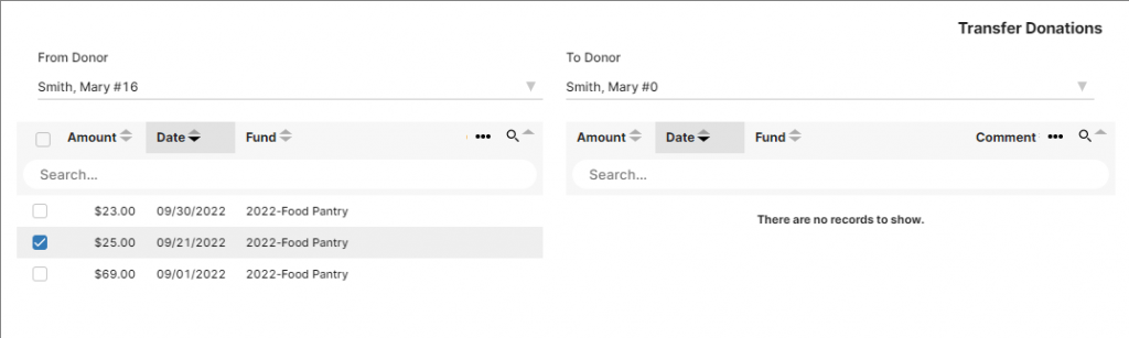 Donation Transfer IconCMO window that shows the two sides for donor numbers