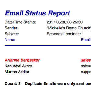 IconCMO church management software group email status report