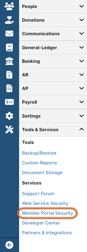 IconCMO Church Management Menu showing member portal option