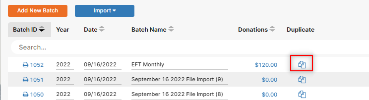 shows icon for duplicating a donation batch
