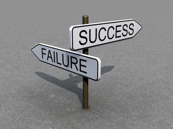 A sign showing two arrows pointing in a different direction with the word success on one and failure on the other. Depicts our choices we make about church management systems, either ends in failure or success.