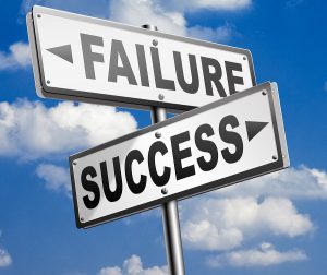 A sign showing two arrows pointing in a different direction with the word success on one and failure on the other. Depicts our choices we make about church management systems, either ends in failure or success.