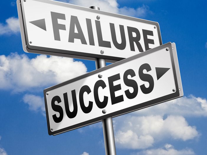 A sign showing two arrows pointing in a different direction with the word success on one and failure on the other. Depicts our choices we make about church management systems, either ends in failure or success.