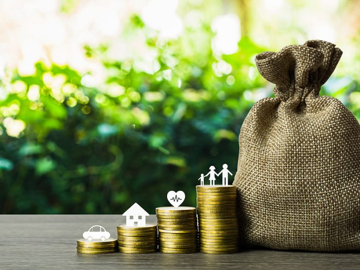 Stack of coins and bag of money. Each stack of coins represents a different area of the household budget like car, house, health, family time which is just like fund accounting.