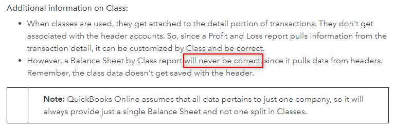 Quickbooks faq screenshot showsthe reasons they can't do a balance sheet properly.