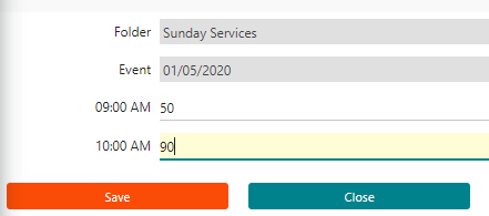 The head count screen for taking church attendance. It has the fields to fill out for head counts. 