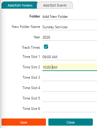 attendance setup screen Image showing church attendance set up for the folders with time slots, fiscal year, and folder name.
