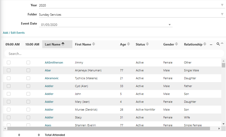 The main screen for attendance that the user uses to take church attendance. 