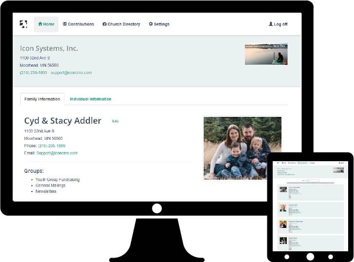 Church software app for church membership pictured in the image using a full size computer screen and a mobile tablet. 