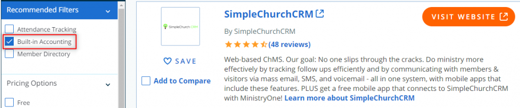 Screen capture showing Capterra church software review website and its incorrect information. 