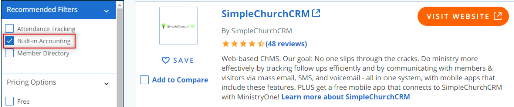 Screen capture showing Capterra church software review website and its incorrect information.