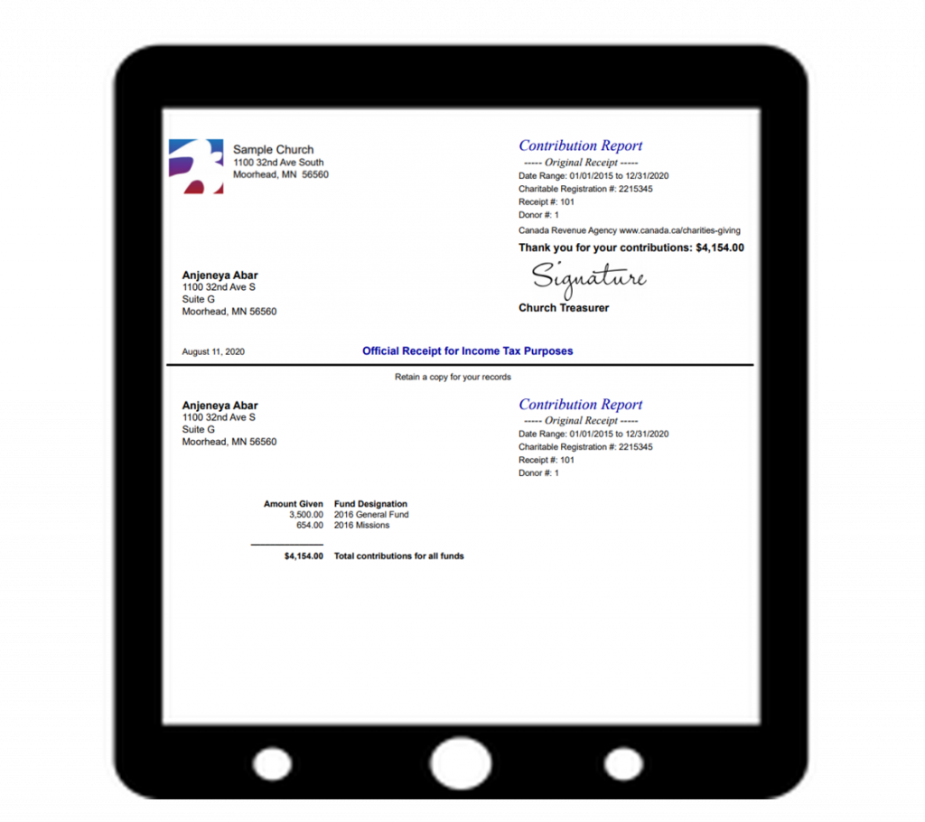 Canadian Revenue Agency (CRA) compliant donation receipt from IconCMO church management software