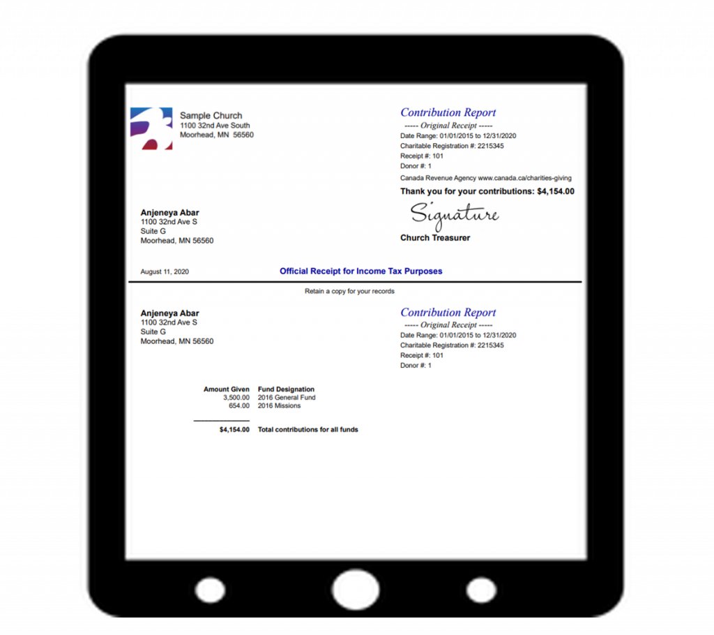 CRA Canadian charity receipt example Canadian Revenue Agency (CRA) compliant donation receipt from IconCMO church management software
