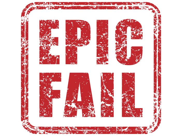 Epic fail grunge style rubber stamp icon. Red vintage failure meme seal label. Mistake sticker sign. Isolated on white background. Vector illustration image.