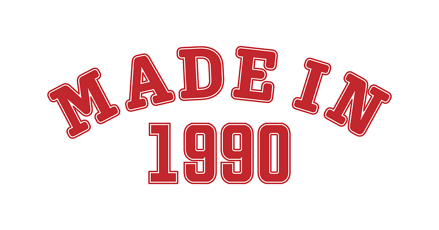 MADE IN 1990. Lettering of the year of birth or a special event for printing on clothing, logos, stickers, banners and stickers, isolated on a white background