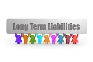 Long term liabilities sign being held up by multi color human 3d figures.