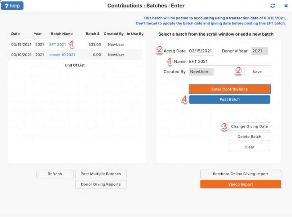 screenshot of the donation batch screen in IconCMO church management software