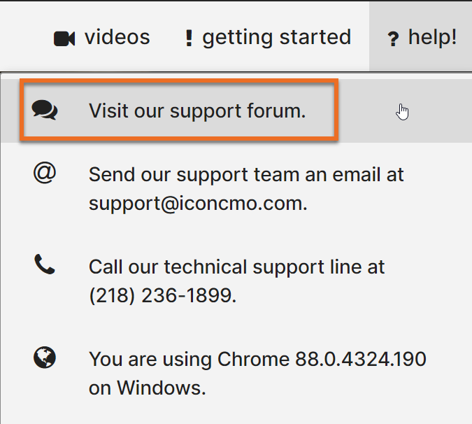 IconCMO Church Software Support IconCMO header with link to support forum and contact information