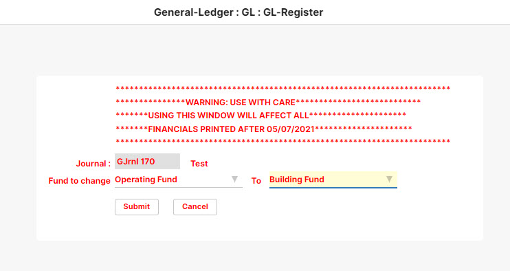 GL register correcting entry Fix accounting mistake - wrong accounting fund