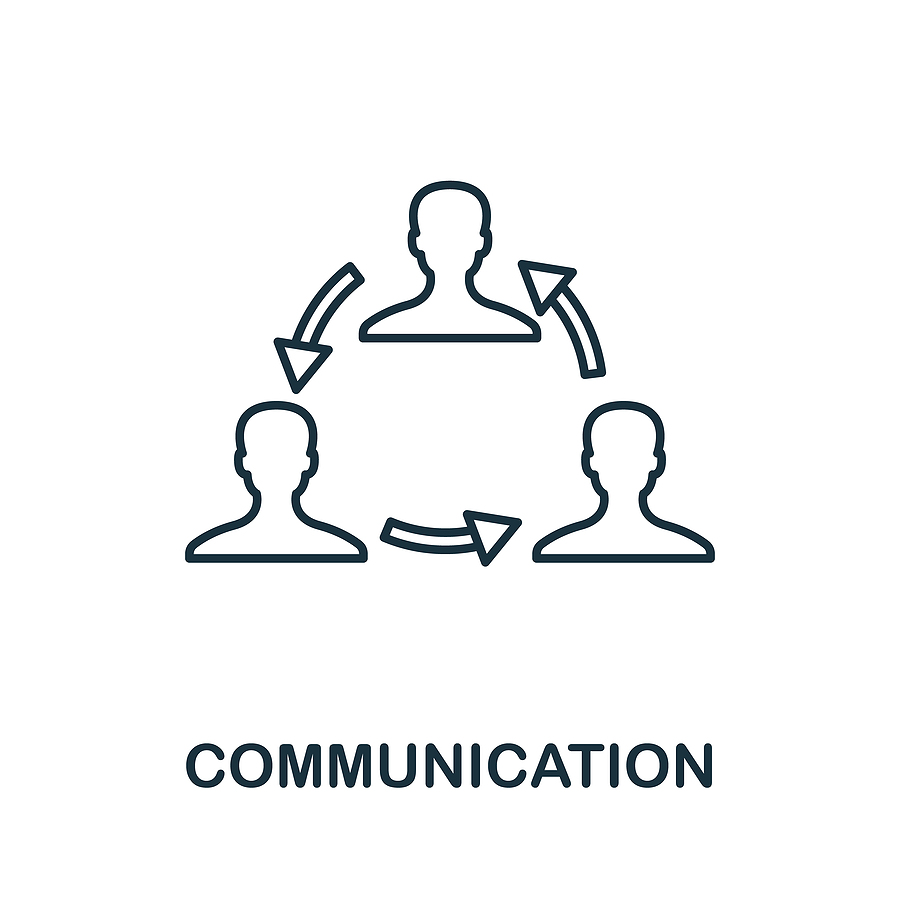 Communication icon with three people outlined heads and arrows in a circle layout with the word communication to illustrate what church member software should have