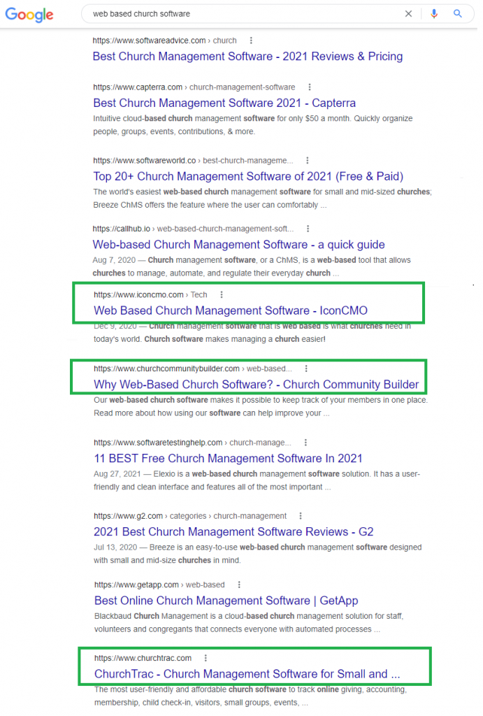 Church software google search result listing showing that only a couple church software companies show