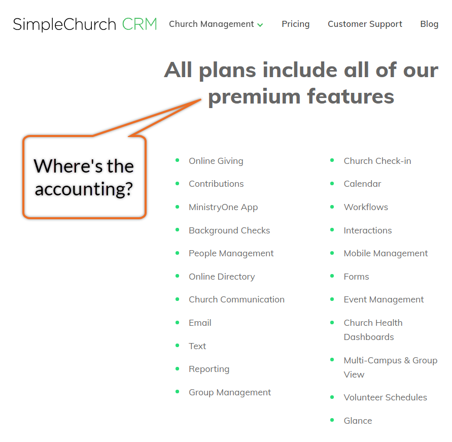 SimpleCRM church software feature list.