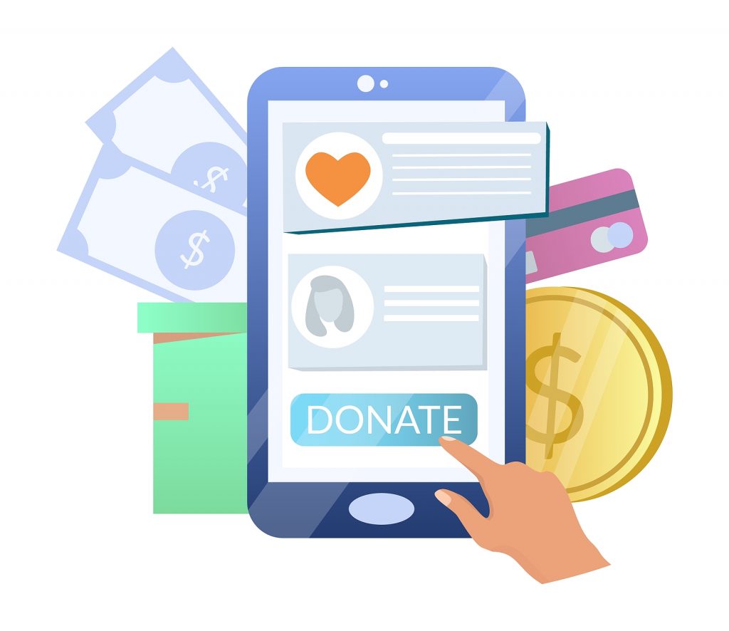 Mobile device shows the donate button along with currency types like credit card, coin, dollar, and gifts that church management software provides. 