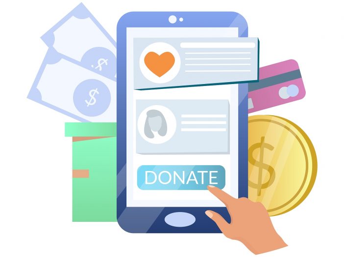 Mobile device shows the donate button along with currency types like credit card, coin, dollar, and gifts.