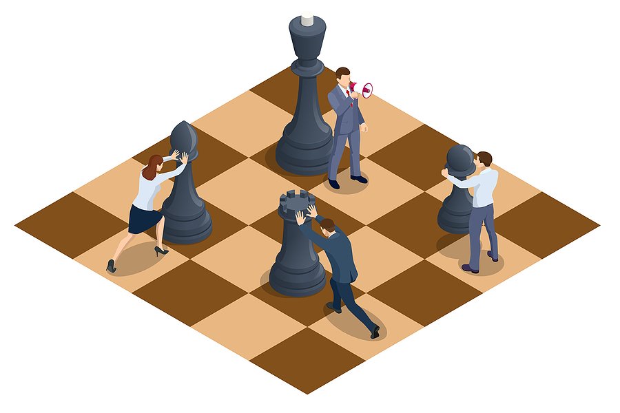 Chess board showing 4 people along with chess pieces illustrating software strategy.