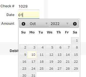 screen capture of the date field